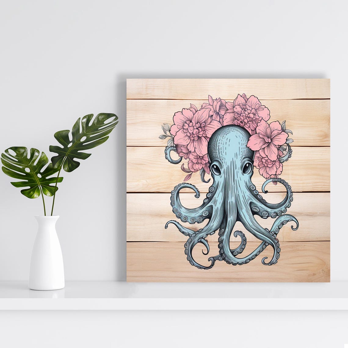 Blue Octopus With Pink Floral Crown On Rustic Wood Planks Poster - Image 2