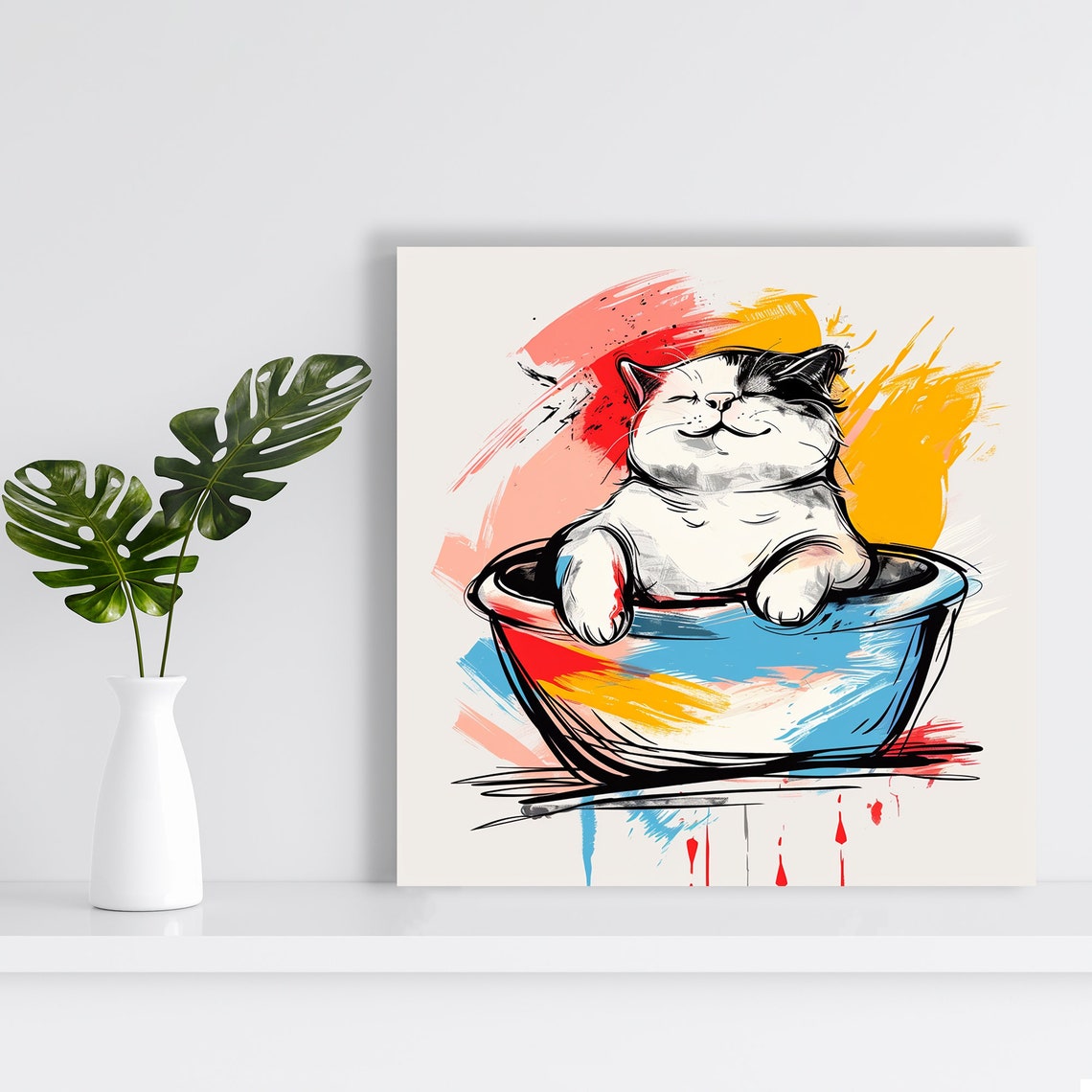Happy Cat In Bowl Watercolor Splash Playful Kitchen Kids Room Wall Art - Image 2