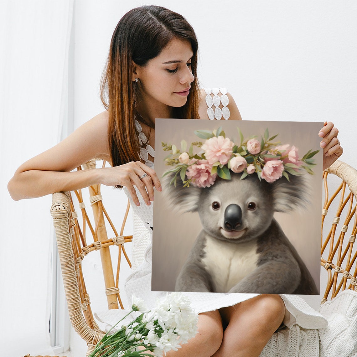 Koala Floral Crown Pink Flowers Soft Pastel Nursery Animal Wall Art - Image 3
