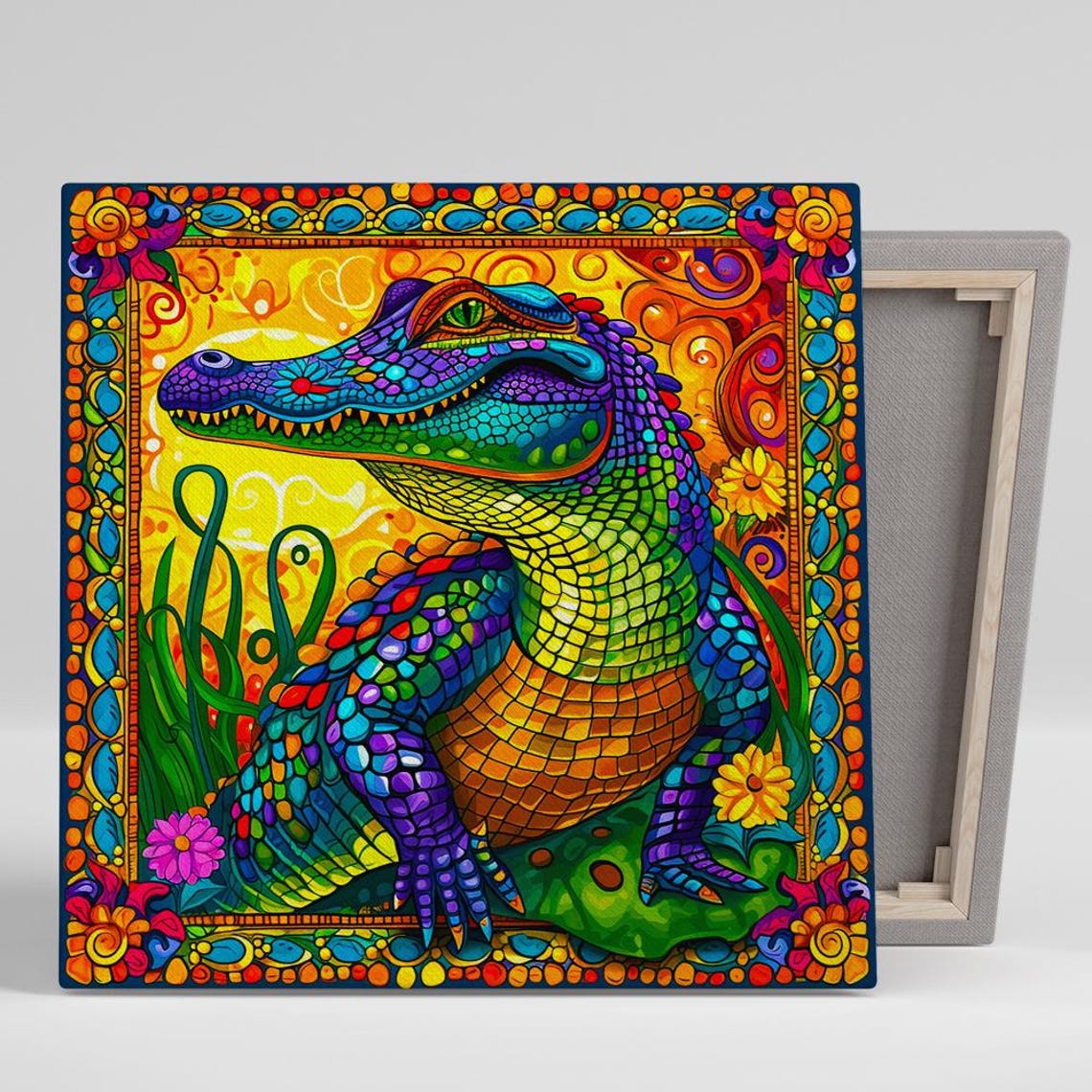 Colorful Crocodile Psychedelic Mosaic Stained Glass Animal Art Poster