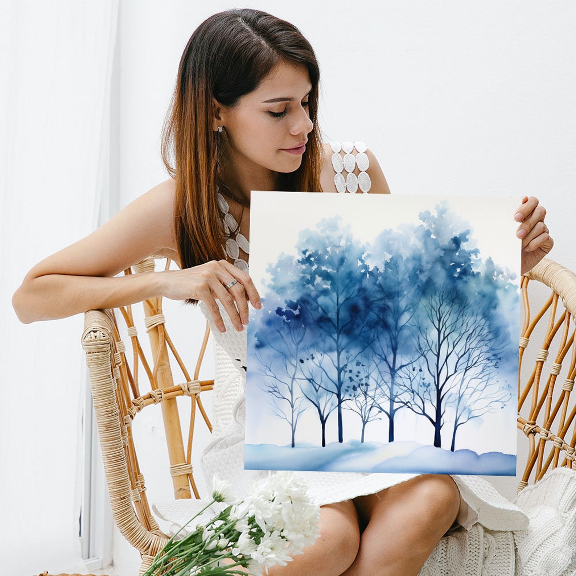 Blue Watercolor Winter Trees Misty Forest Minimalist Art Poster - Image 3