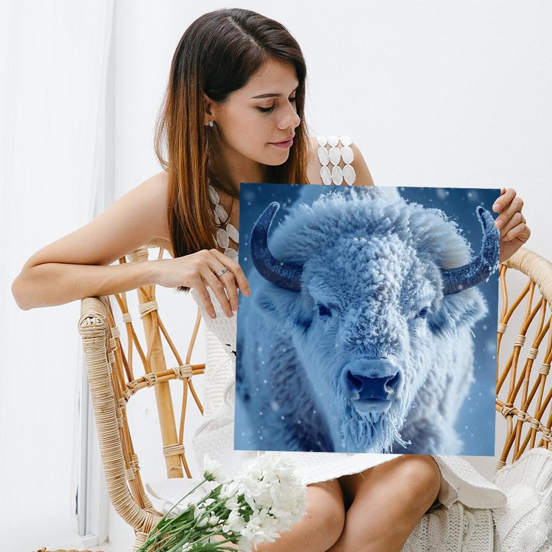 Frost Covered White Bison Close Up Snowy Winter Wildlife Wall Poster - Image 3