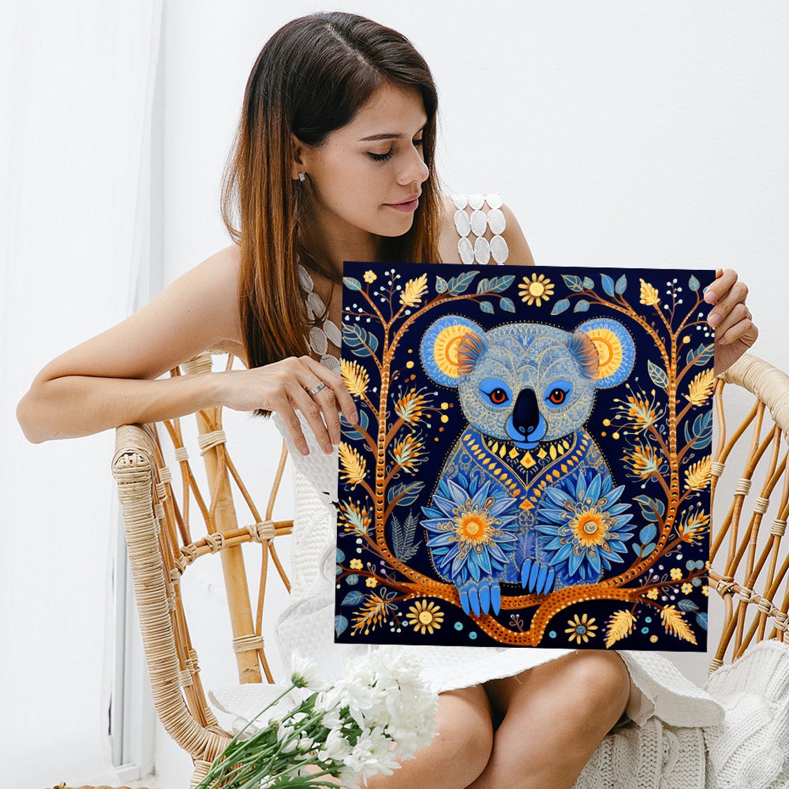 Blue Gold Patterned Koala Ornate Floral Dark Background Art Poster - Image 3