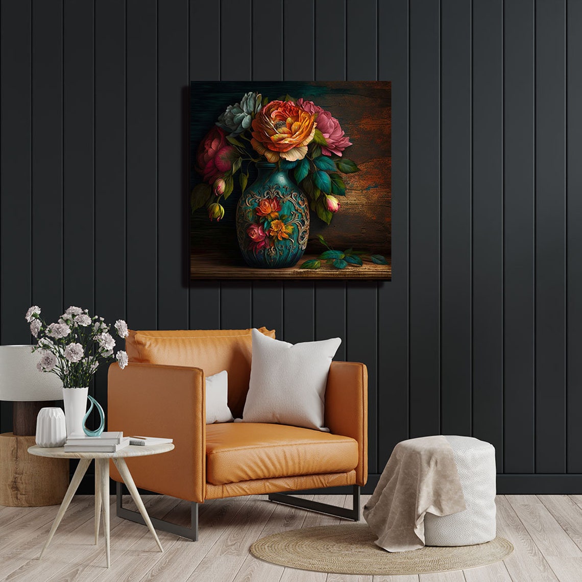 Coral Rose Bouquet Ornate Teal Vase Dark Classic Floral Art Poster - Image 4