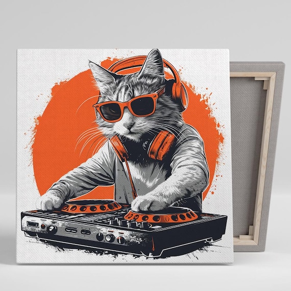 DJ Cat Pop Art, Retro Music Decor Wall Art Print