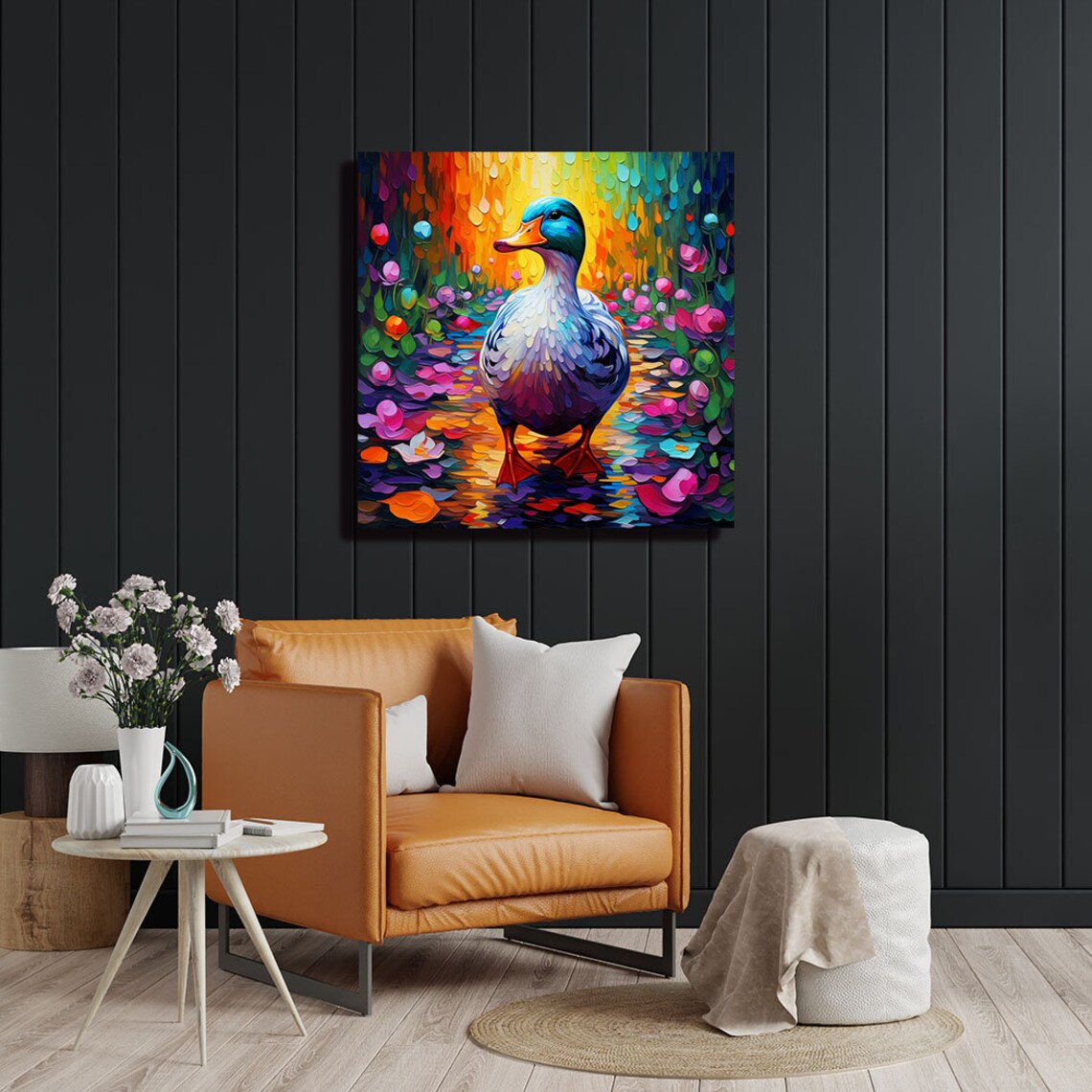 Duck With Flower, Whimsical Living Room Art Print - Image 3