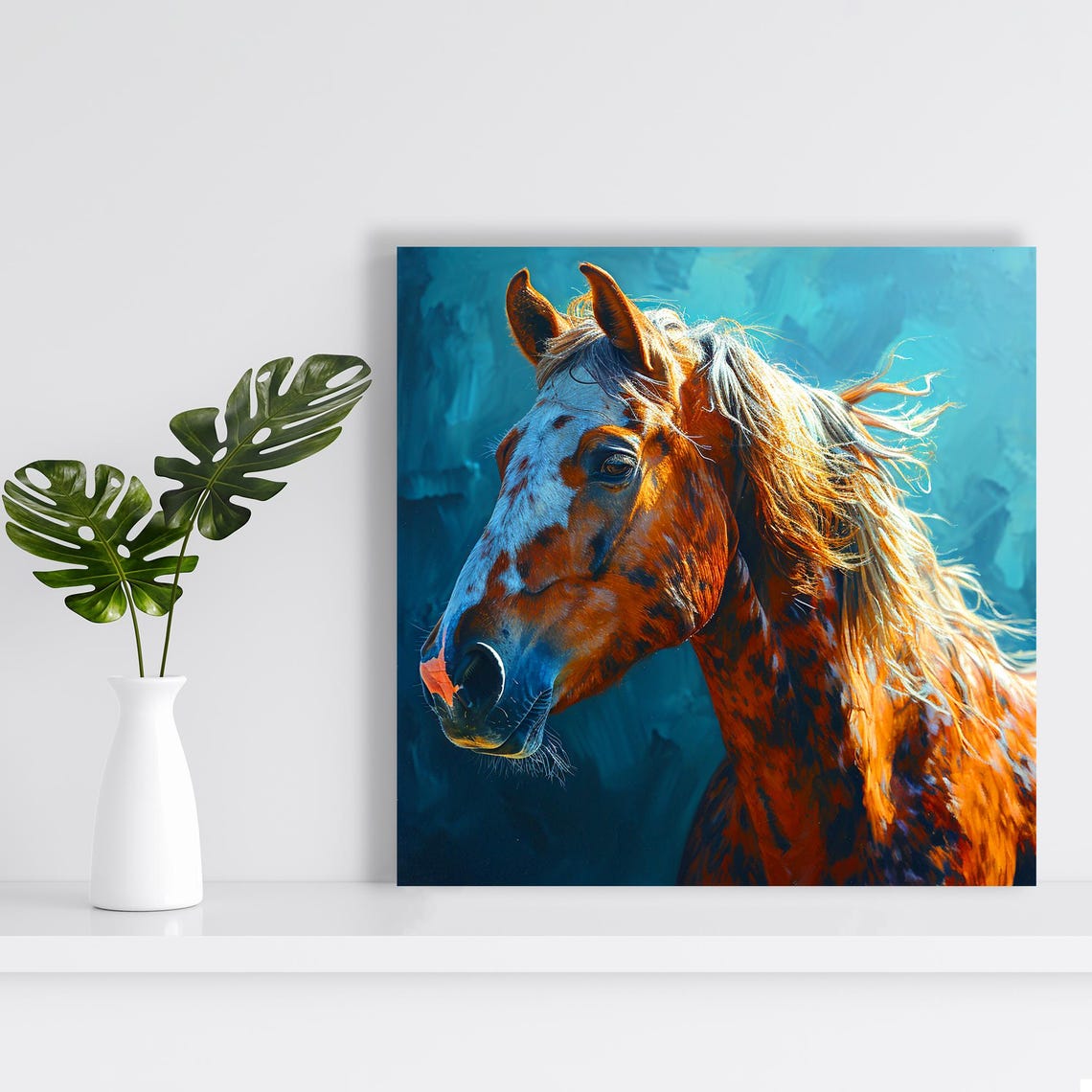 Chestnut Horse Profile Flowing Mane Teal Background Painterly Poster - Image 2