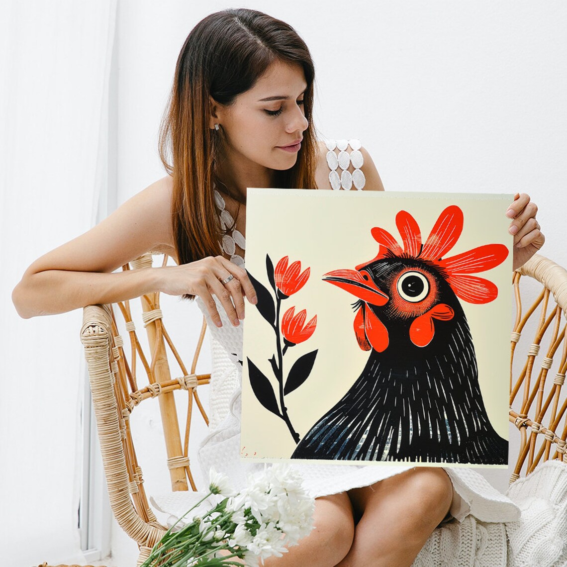 Retro Black Rooster With Red Comb Floral Vintage Folk Art Poster - Image 3