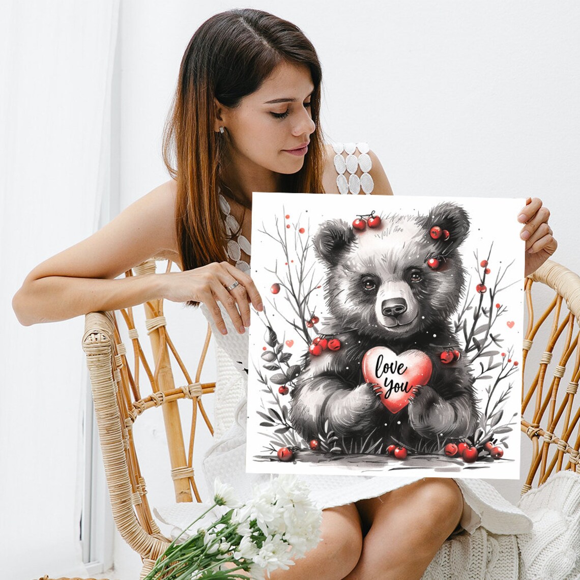 Baby Bear Holding Love You Heart Red Berries Sweet Nursery Poster - Image 3