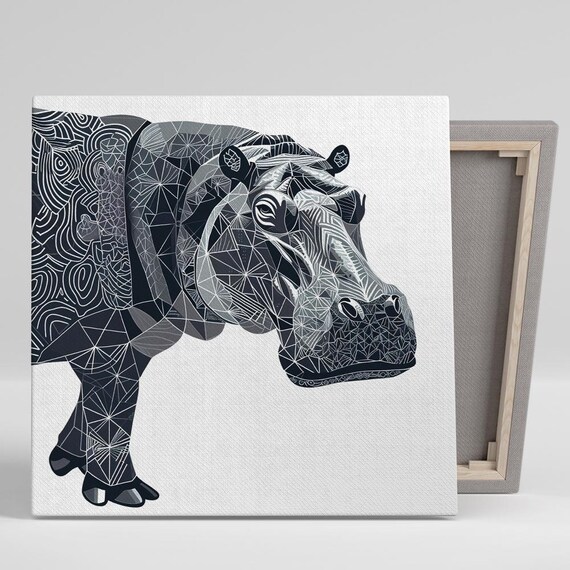 Geometric Hippo Zentangle Pattern Abstract Black White Animal Poster