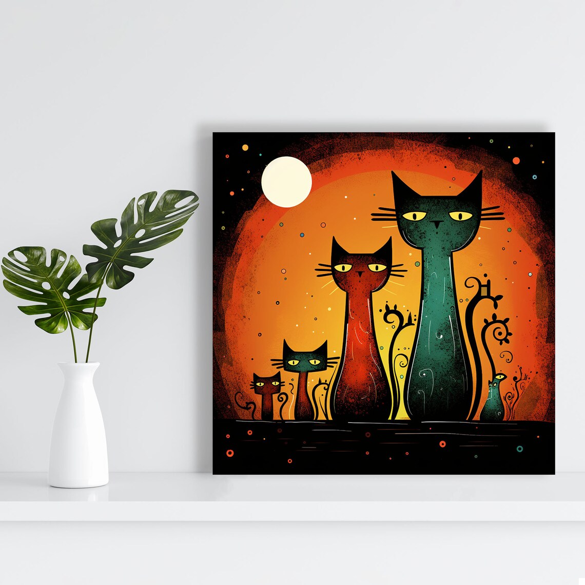 Four Stylized Cats Under Orange Moon Whimsical Long Neck Cat Family Print - Image 2