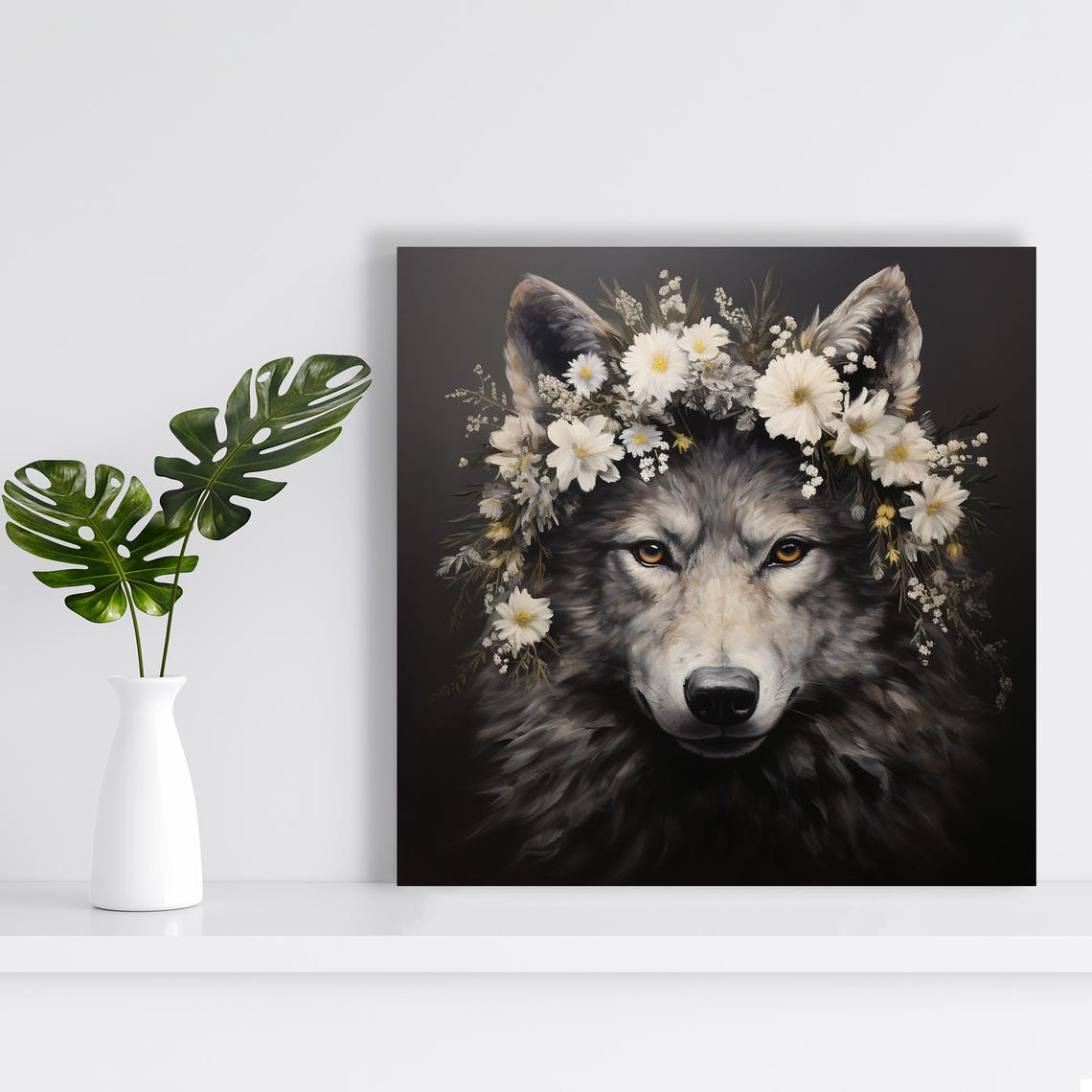 Grey Wolf Wearing Daisy Floral Crown Dark Moody Animal Portrait Poster - Image 2