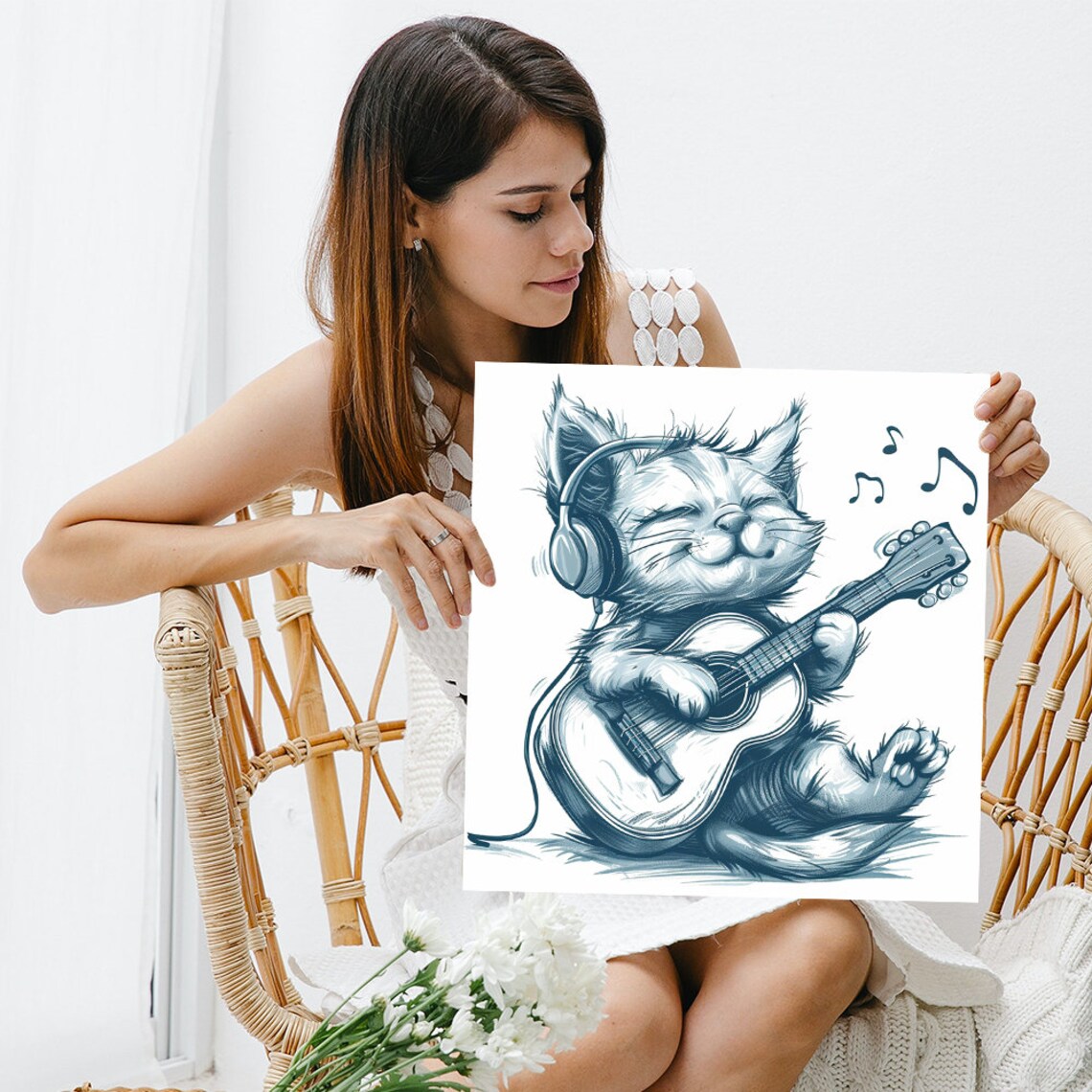 Melodic Feline Harmony, Whimsical Cat Art Print - Image 3