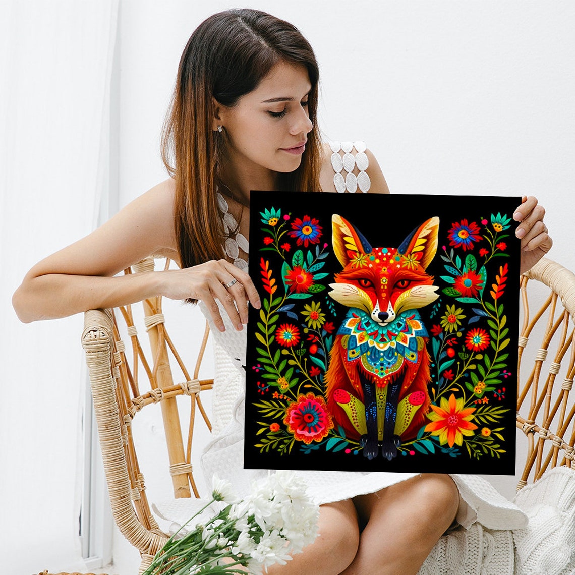 Colorful Folk Art Fox Flowers Black Background Boho Wall Art Poster - Image 3