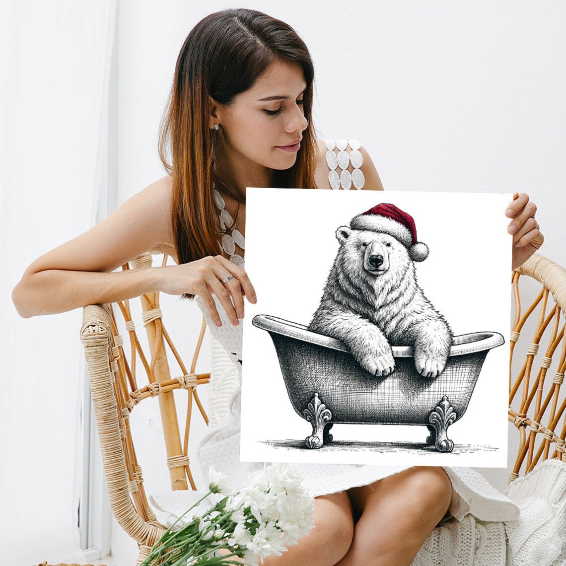 Polar Bear Santa Hat Vintage Bathtub Christmas Animal Sketch Poster - Image 3