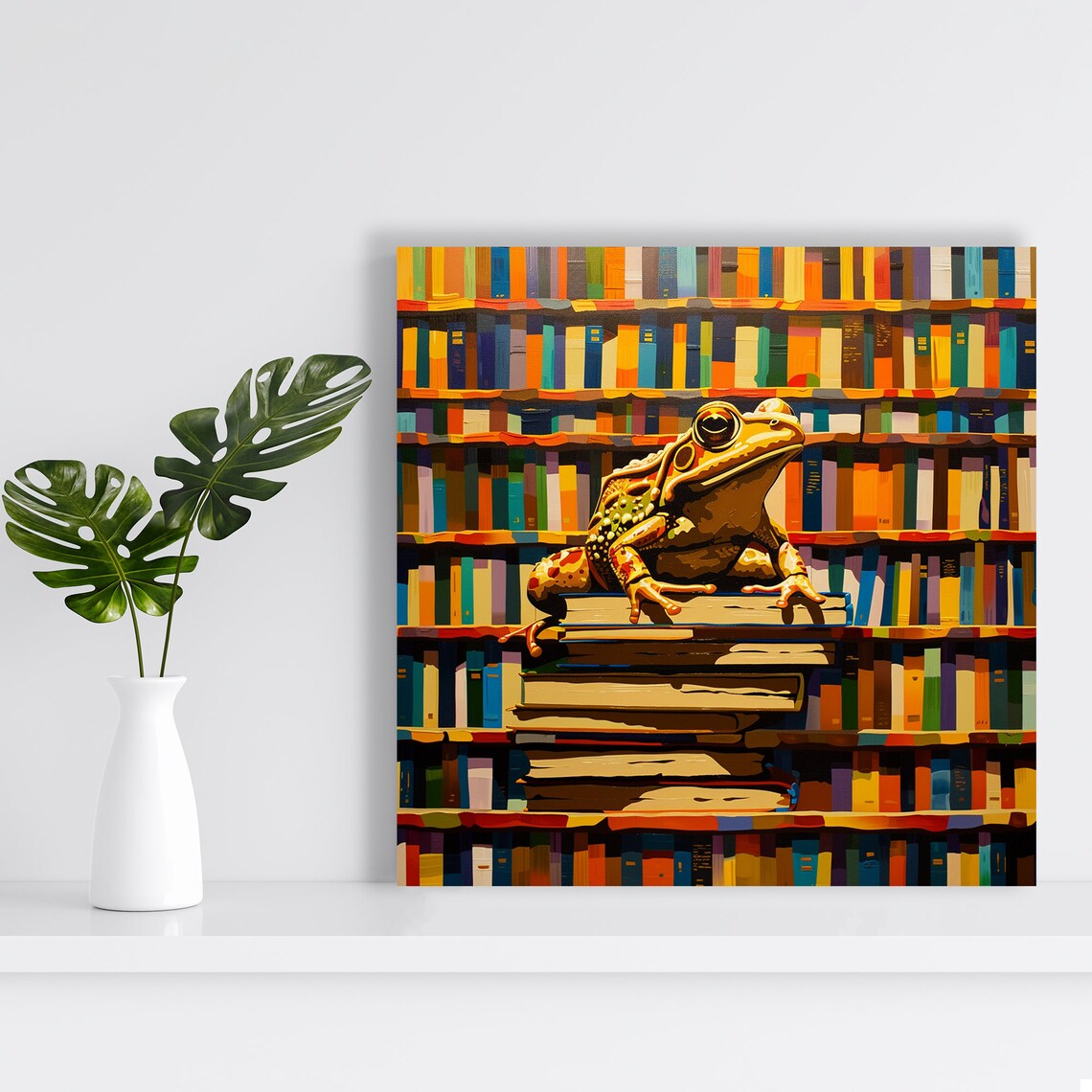 Frog Sitting On Stack Of Books In Colorful Library Whimsical Study Poster - Image 2