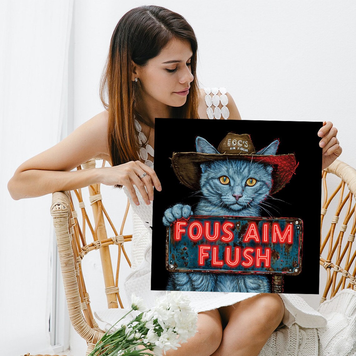 Cowboy Cat Holding Neon Fous Aim Flush Sign Humorous Pop Art Style Poster - Image 3