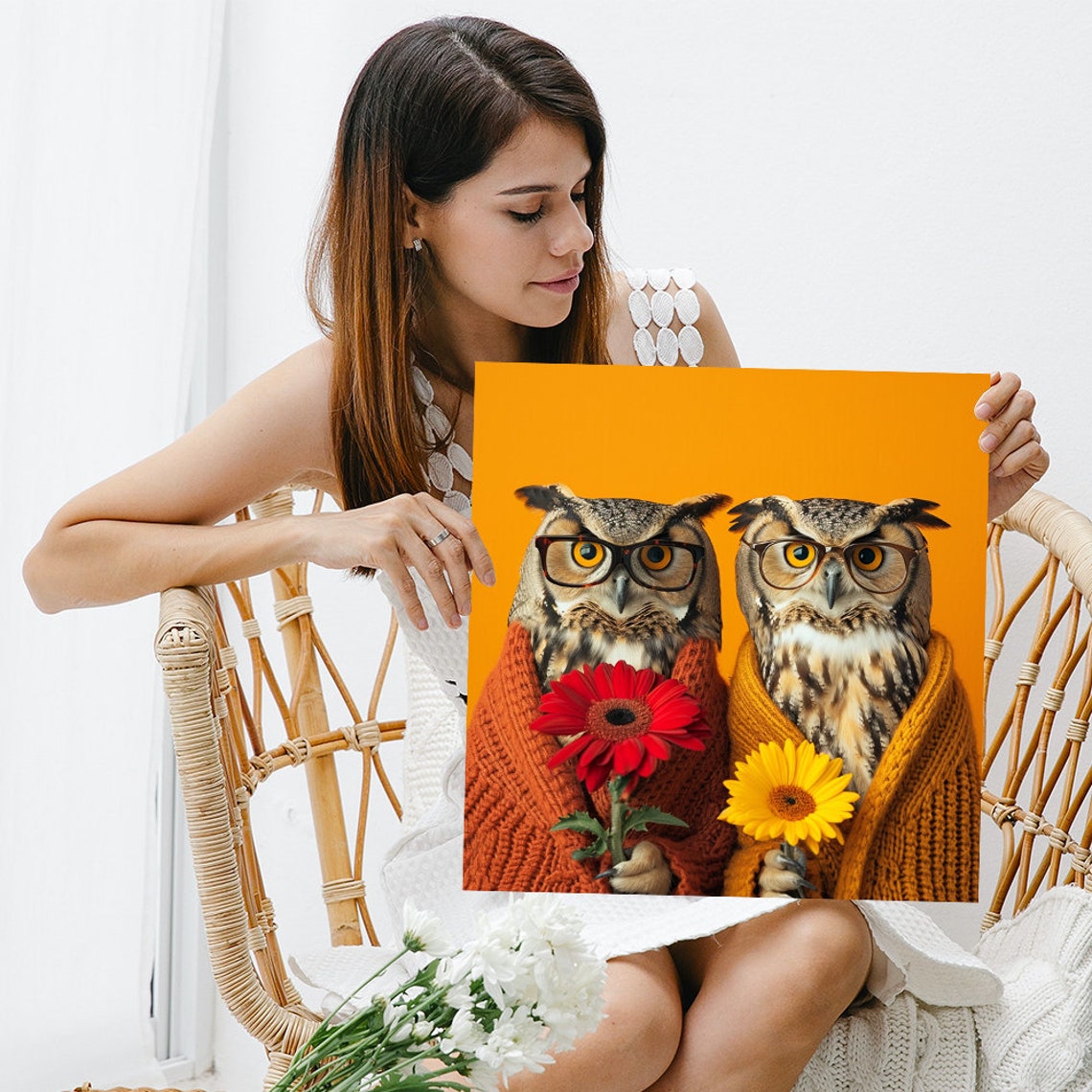 Two Owls With Glasses Holding Flowers Cozy Fall Wall Art Poster - Image 3