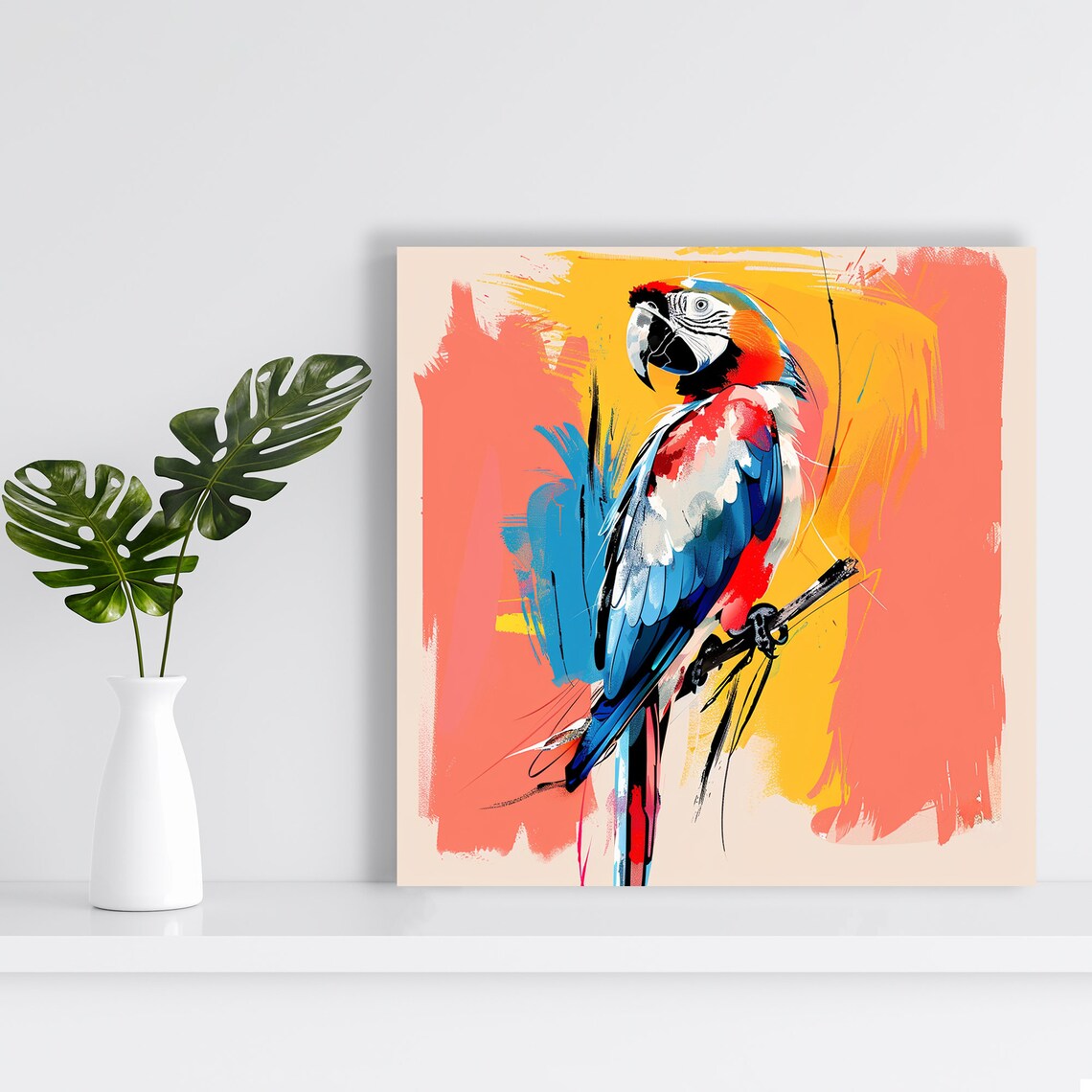 Vibrant Macaw Parrot On Branch Colorful Brush Stroke Art Poster - Image 2