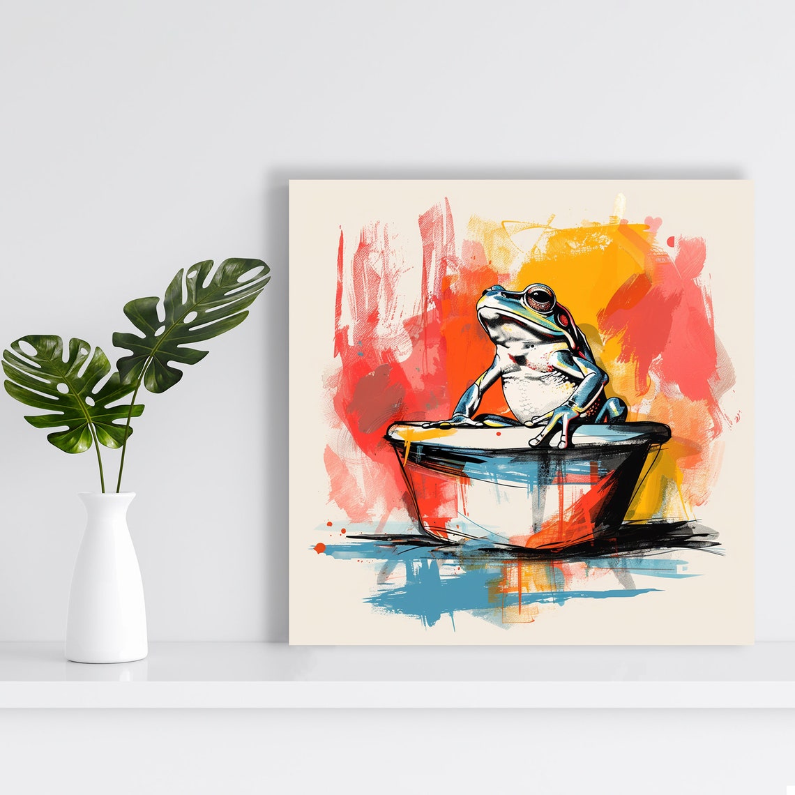Frog Sitting In Painted Bathtub Colorful Watercolor Splash Art Poster - Image 2