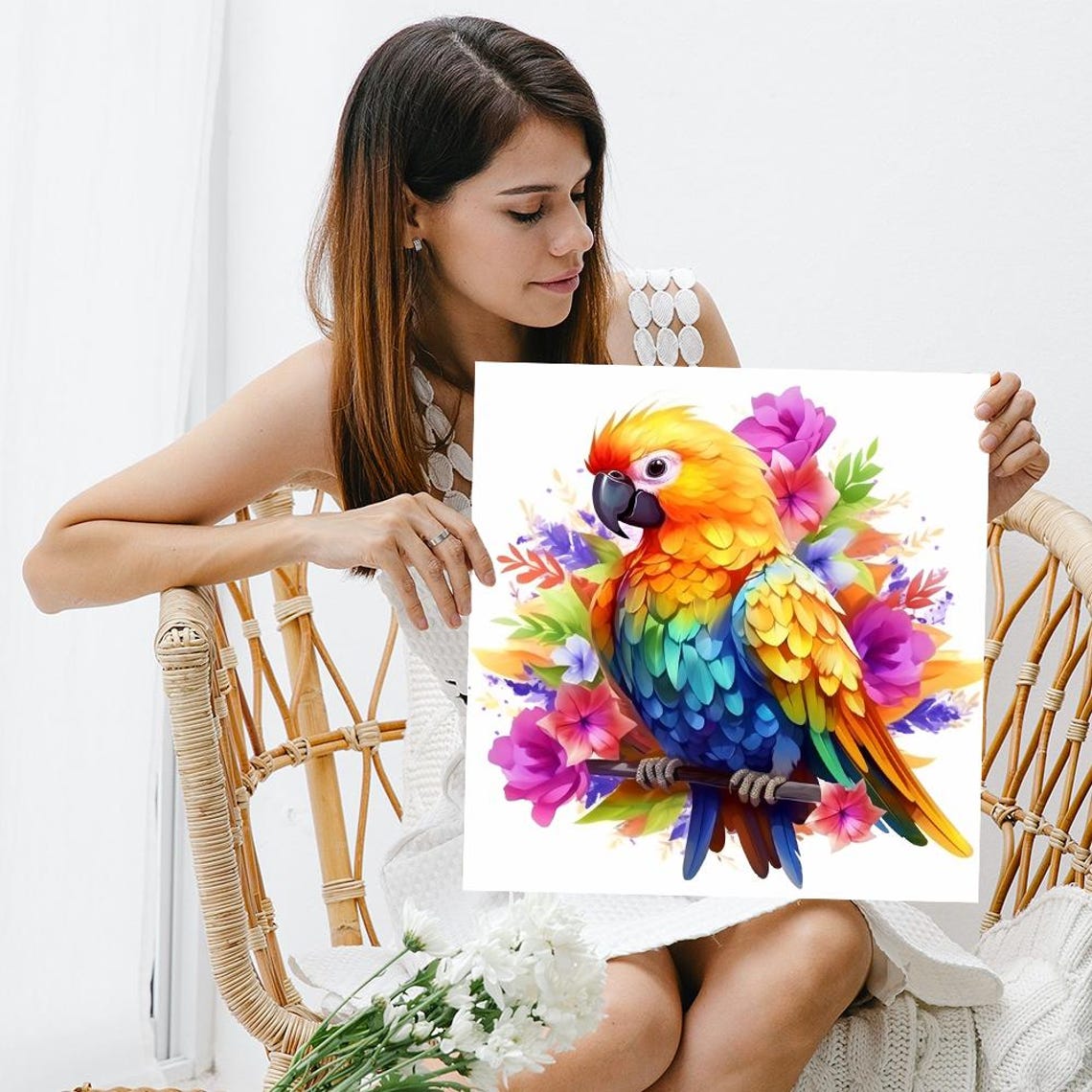 Tropical Parrot Among Flowers Watercolor Bright Bohemian Bird Poster - Image 3