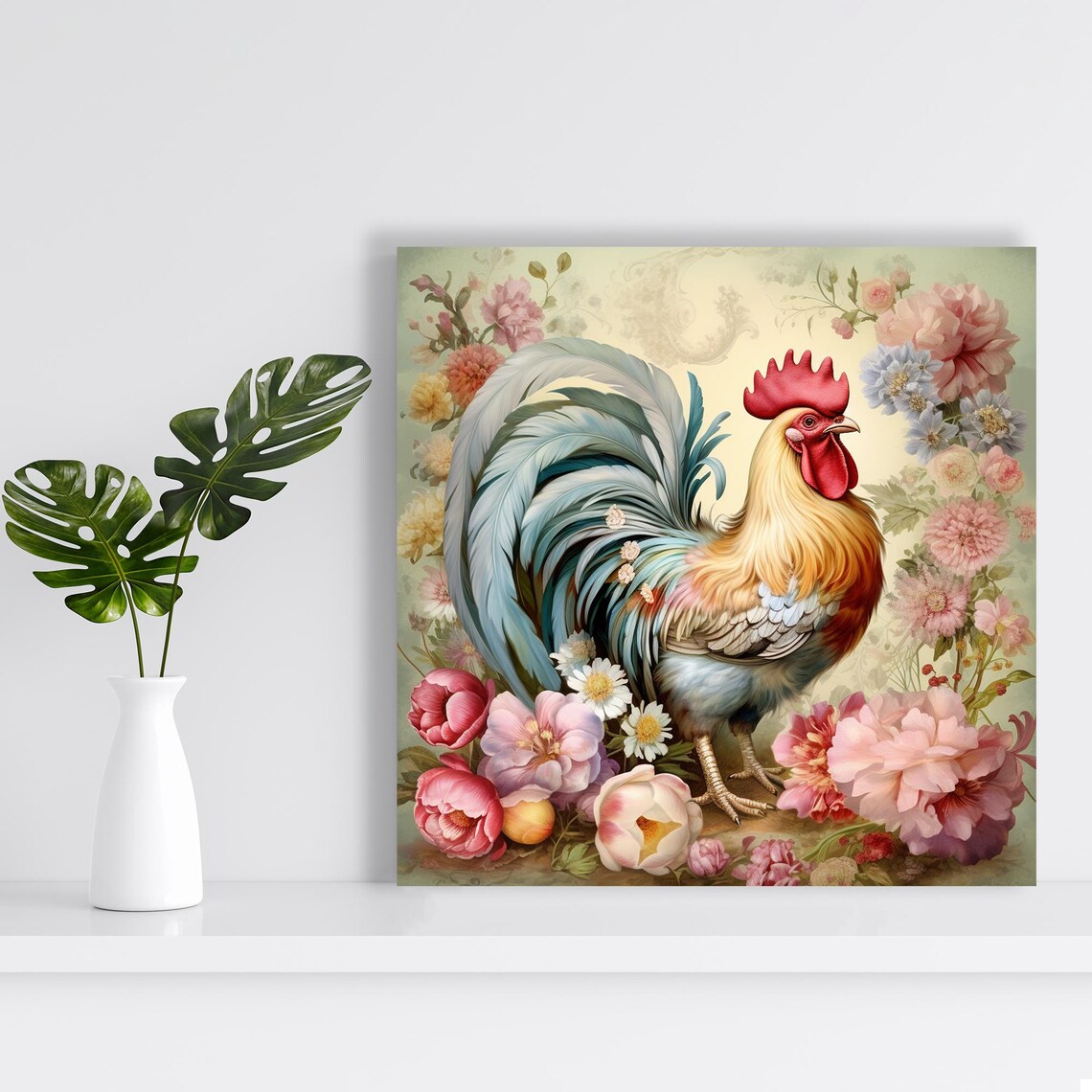 Floral Rooster Vintage French Country Art Print - Image 2