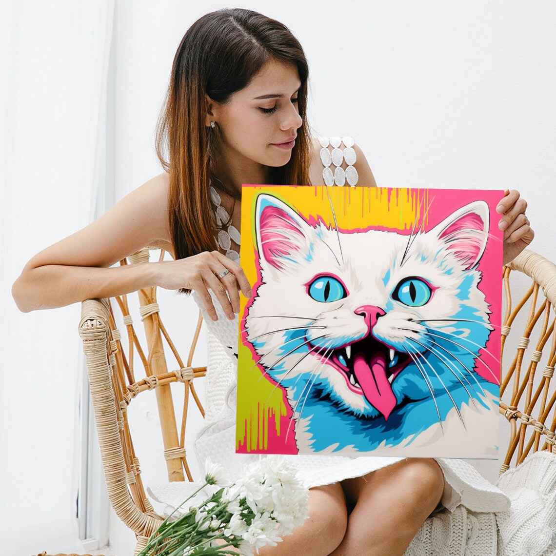 White Cat With Bright Blue Eyes Pop Art Neon Pink Yellow Animal Poster - Image 3