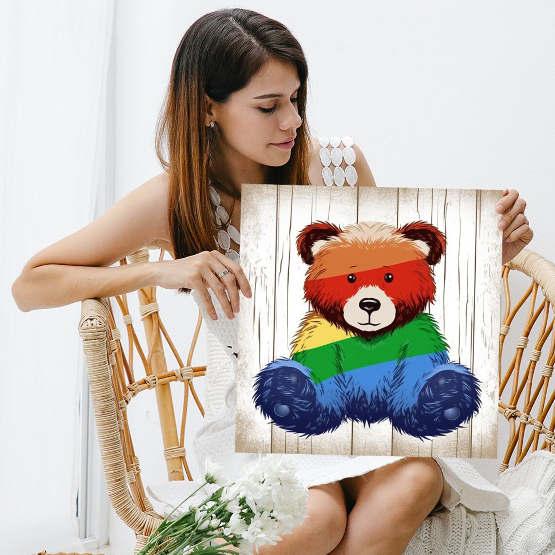 Rainbow Teddy Bear Colorful Cute Kids Room Nursery Playful Animal Poster - Image 3