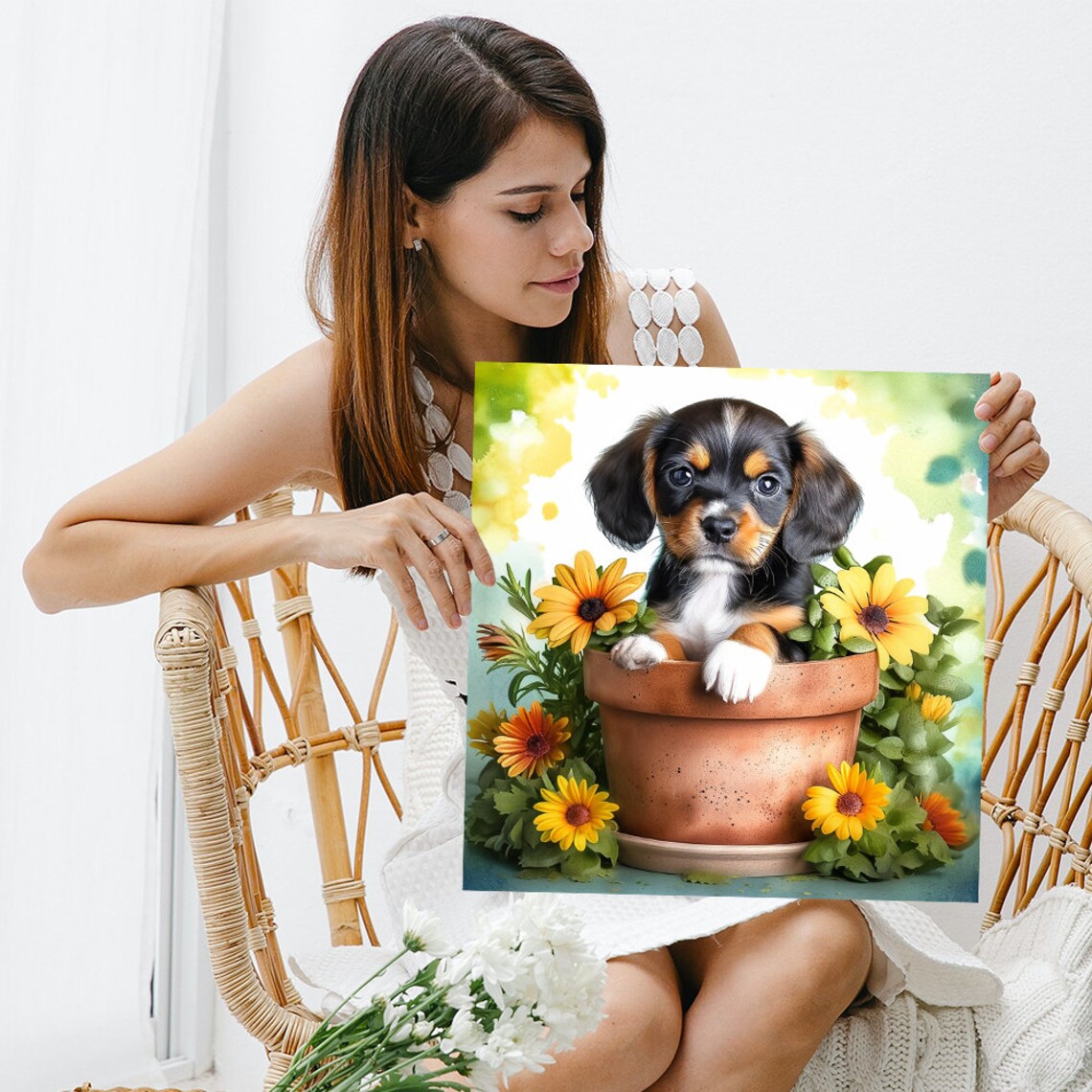 Puppy In Flower Pot Yellow Daisies Watercolor Nursery Wall Art - Image 3