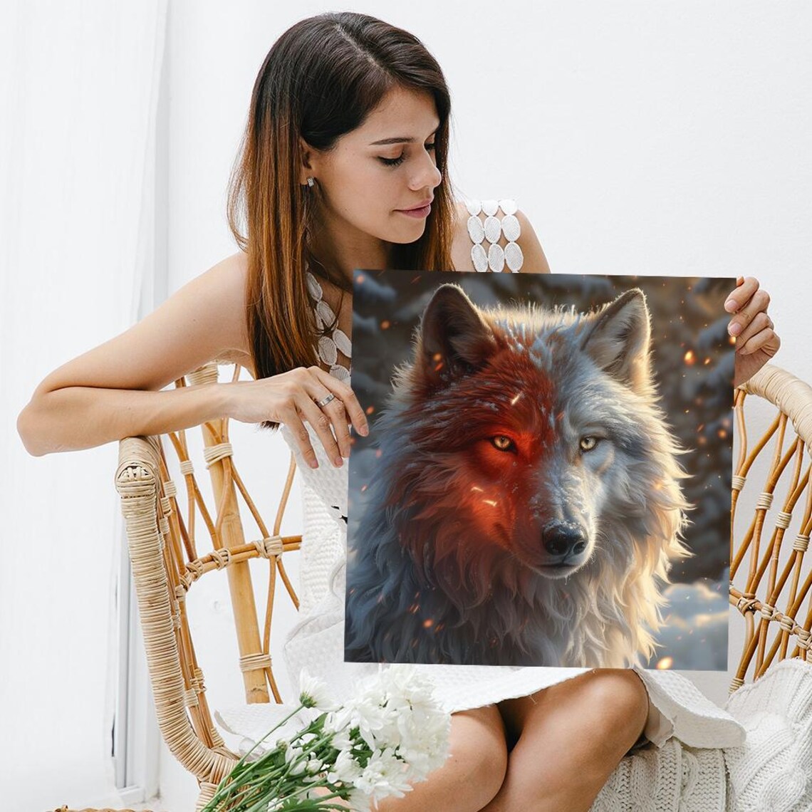 Wolf Fire Ice Split Face Winter Digital Art Dramatic Nature Wall Poster - Image 3