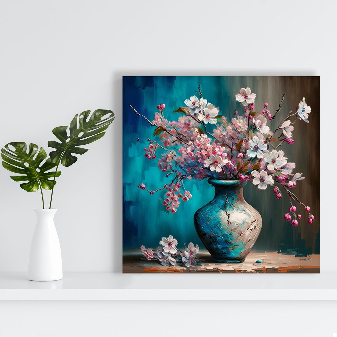 Cherry Blossom Branches In Blue Vase Pink Spring Floral Canvas Poster - Image 2