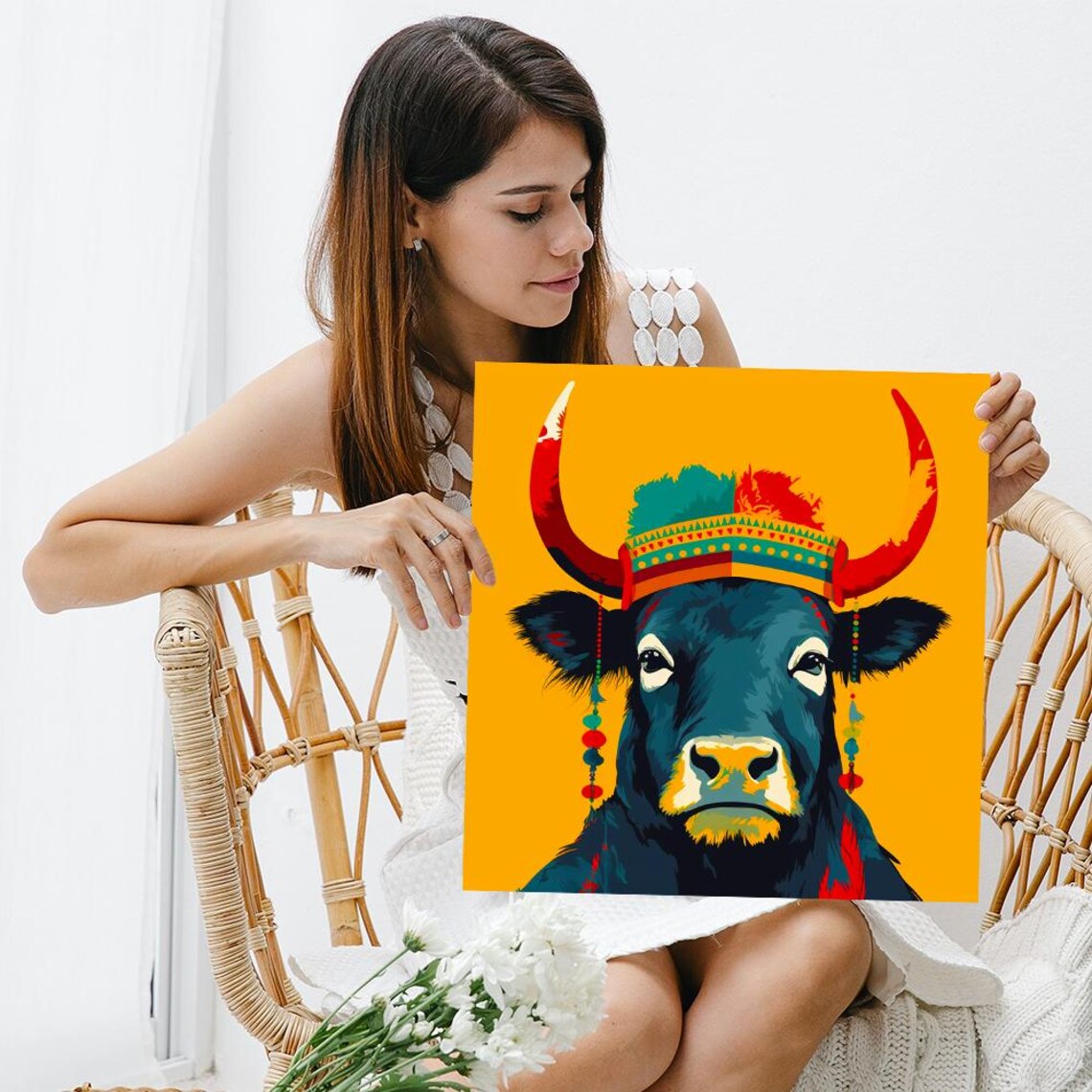Highland Cow with Colorful Tribal Headdress Pop Style Yellow Poster - Image 3