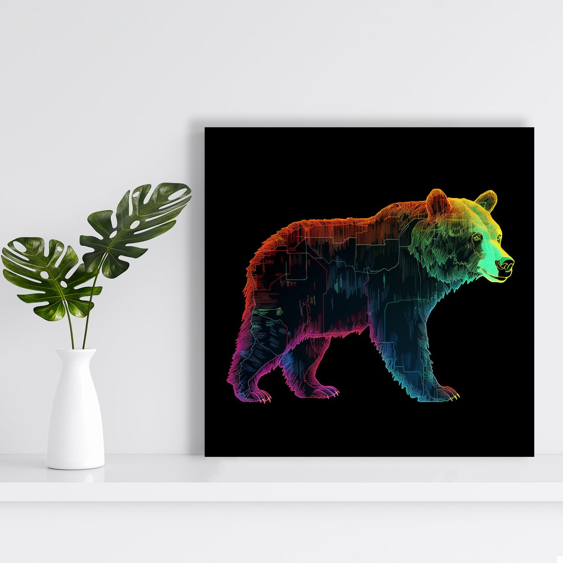 Neon Bear Line Art Black Background Modern Multicolor Wall Poster - Image 2