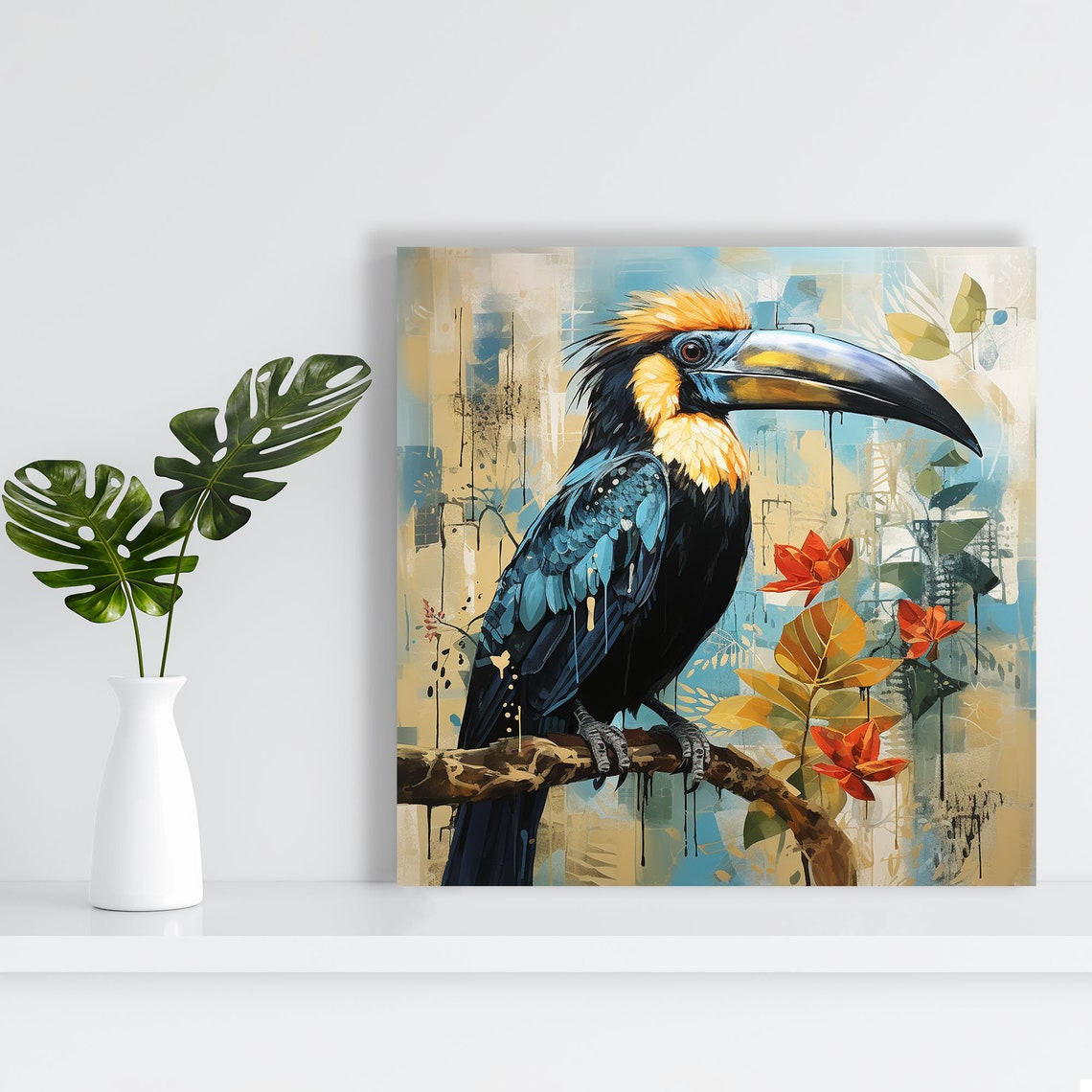 Colorful Hornbill Perched On Branch Red Flowers Tropical Bird Poster - Image 2
