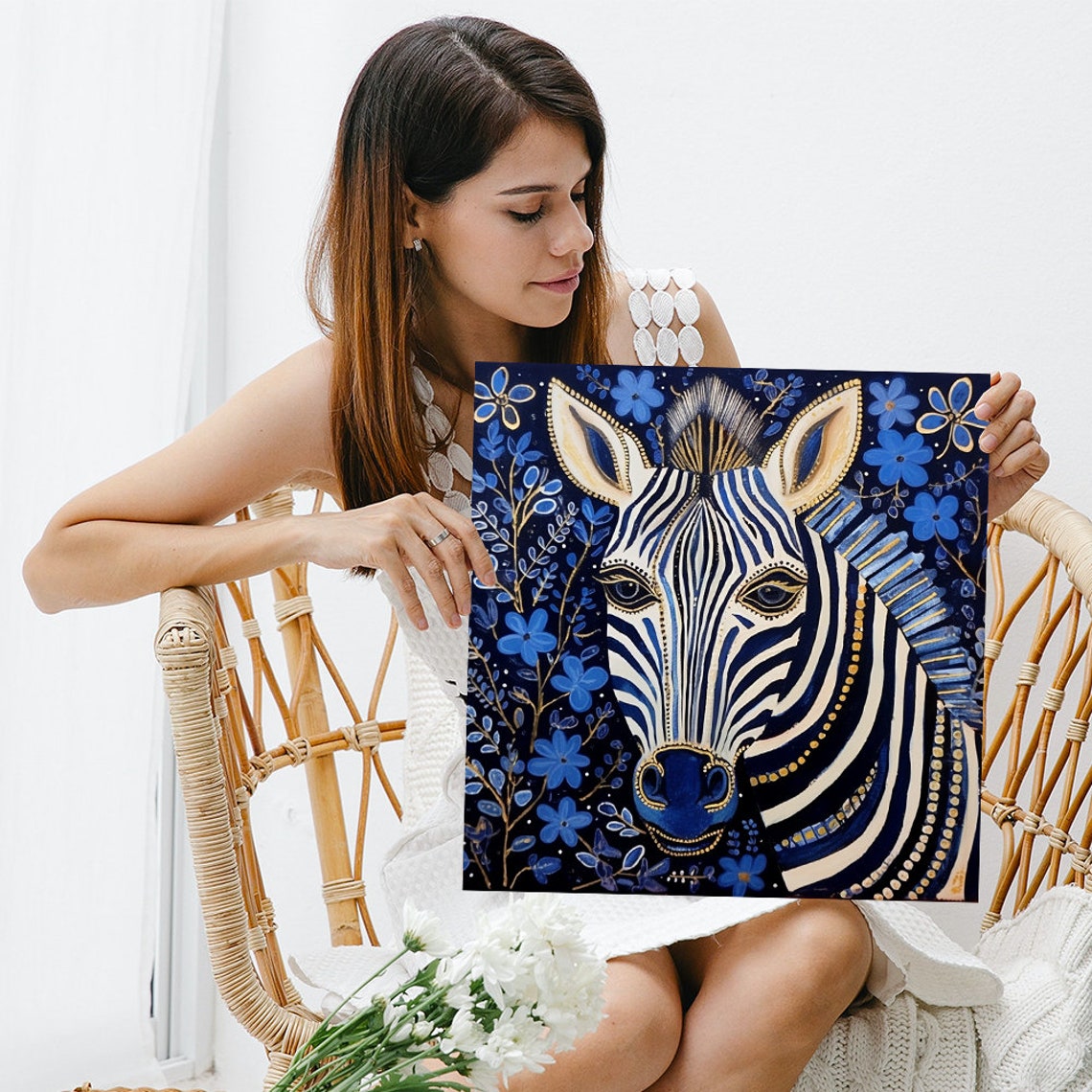 Elegant Zebra Portrait With Blue Flowers Midnight Blue Poster - Image 3