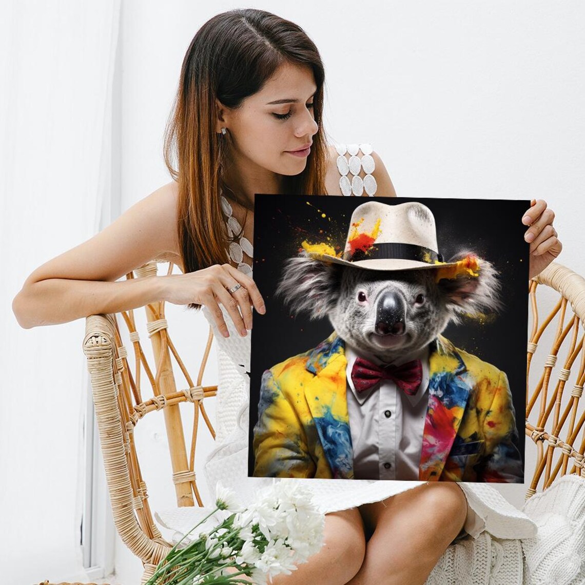 Dapper Koala Gentleman Fedora Bow Tie Paint Splatter Jacket Black Wall Poster - Image 3