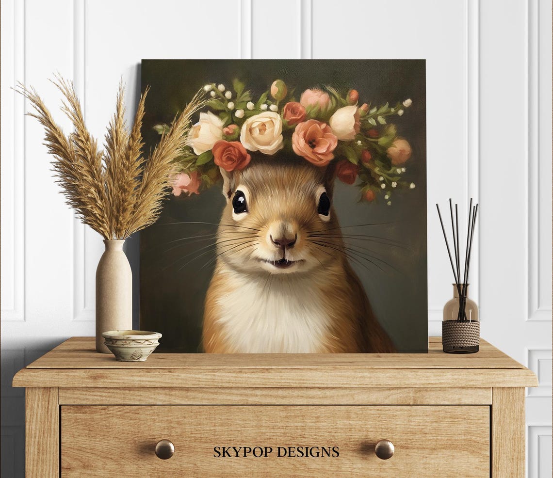 Squirrel Wearing Floral Rose Crown Dark Romantic Oil Painting Poster - Image 2