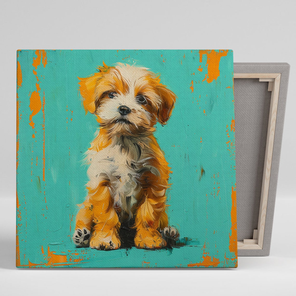 Fluffy Puppy Sitting Teal Background Sweet Painted Portrait Dog Poster