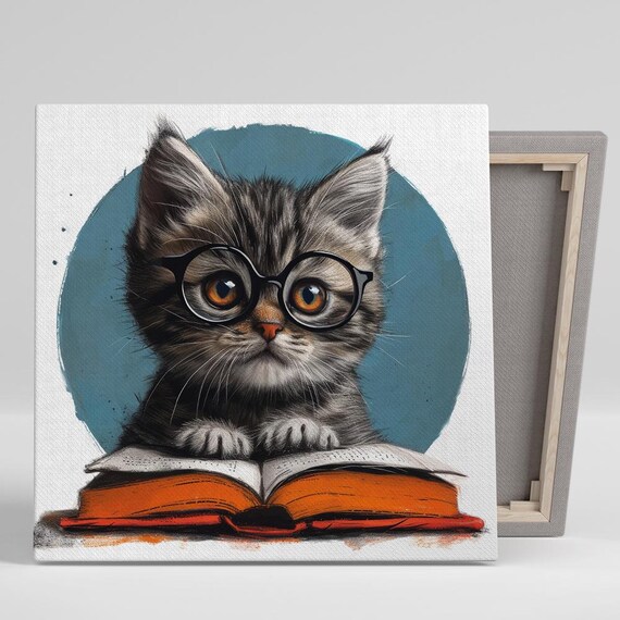Smart Tabby Kitten With Round Glasses Reading Open Book Cute Study Art Print