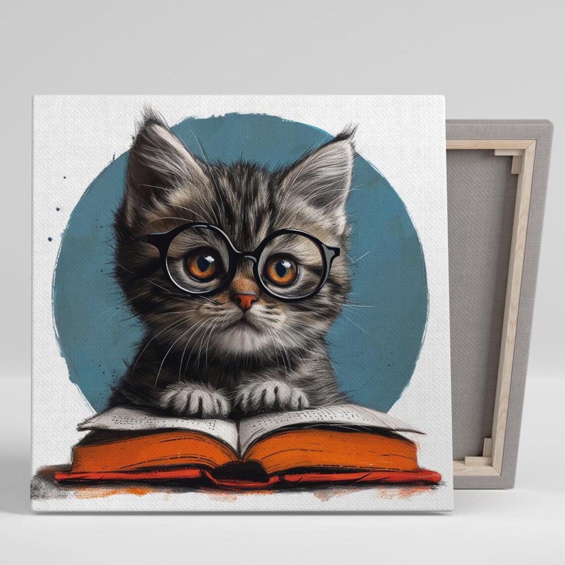 Smart Tabby Kitten With Round Glasses Reading Open Book Cute Study Art Print