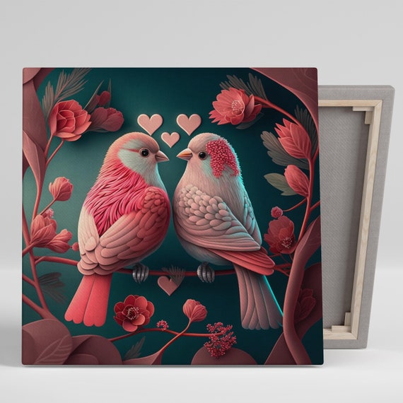 Lovebirds Valentines Art Print, Vibrant Birds Decor