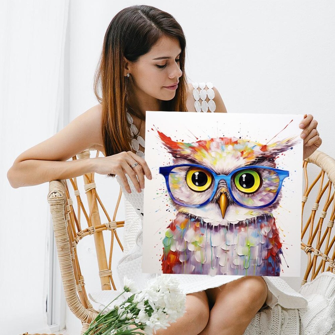 Whimsical Owl Art Print, Blue Yellow Multicolor - Image 3