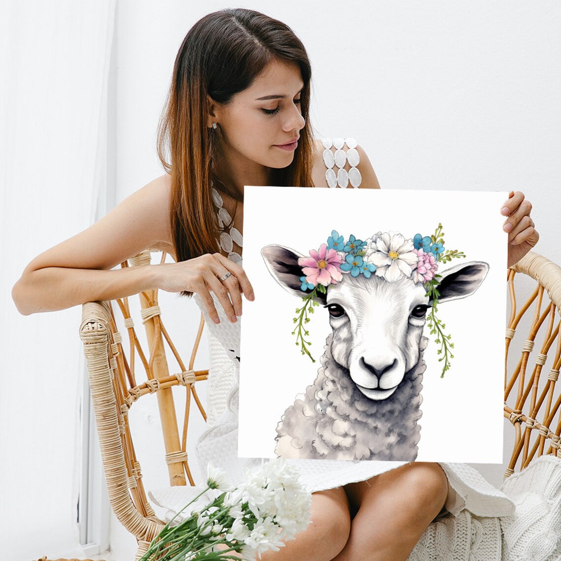 Sweet Lamb With Floral Crown in Soft Watercolor Style Poster - Image 3