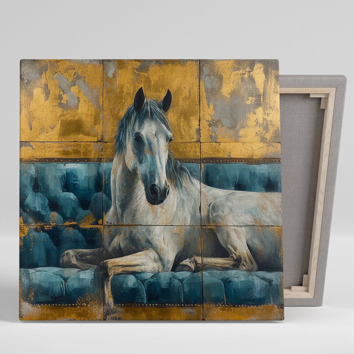 White Horse Resting on Blue Sofa Gold Leaf Rustic Elegant Wall Poster