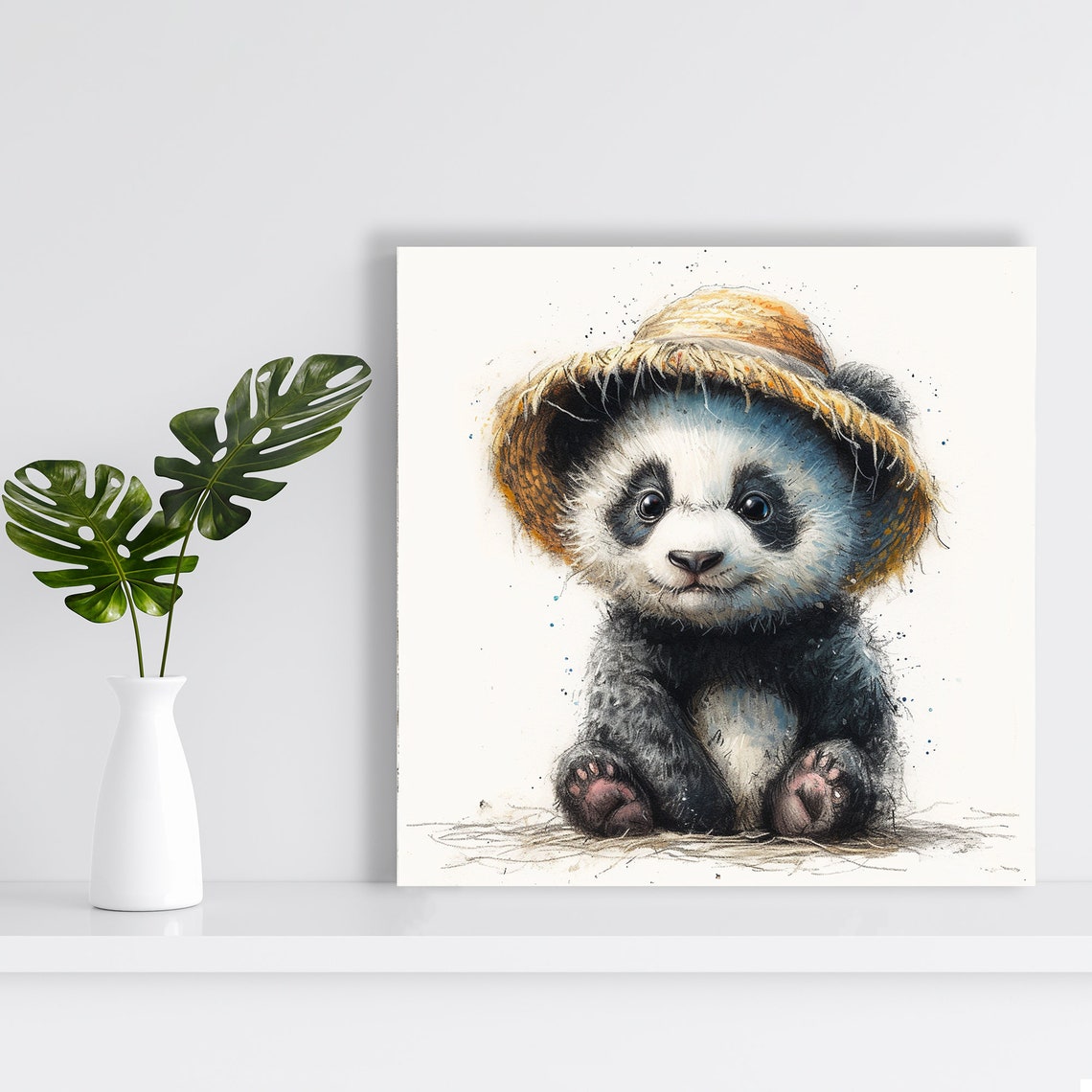 Cute Baby Panda Wearing Straw Hat Watercolor Nursery Animal Poster - Image 2