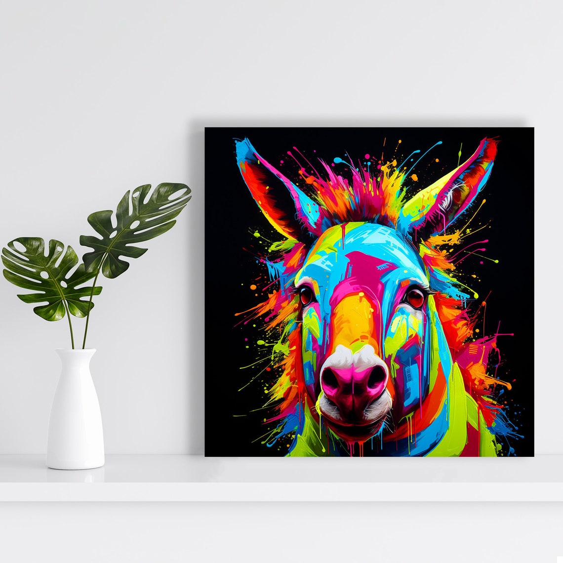Neon Rainbow Donkey Paint Splatter on Black Bold Pop Art Poster - Image 2