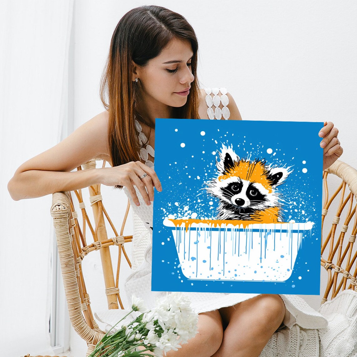 Playful Raccoon Bathing In White Tub Minimalist Blue Splash Kids Art Poster - Image 3