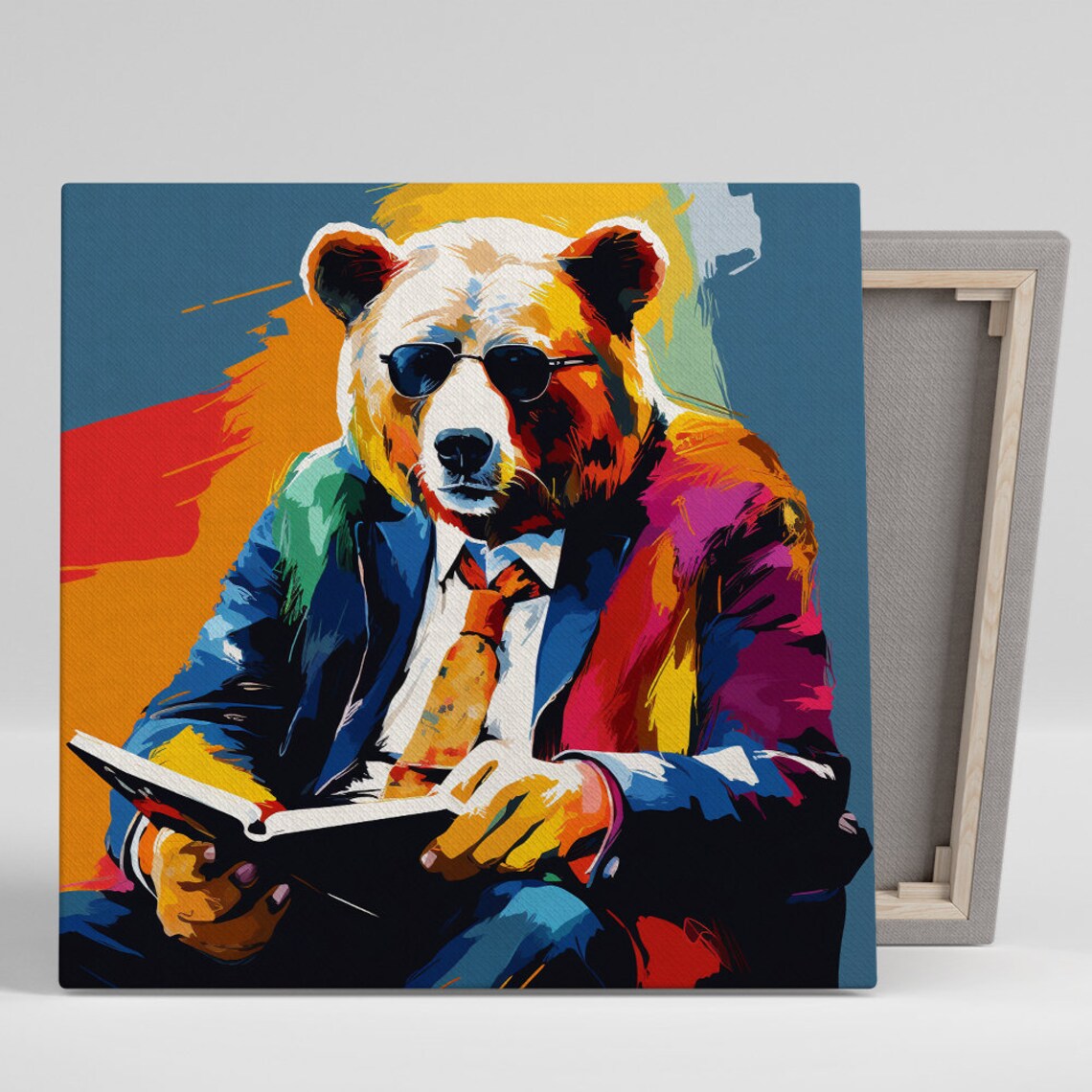 Corporate Bear In Suit Sunglasses Reading Pop Art Colorful Modern Office Poster