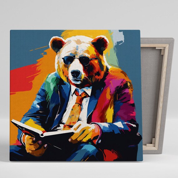 Corporate Bear In Suit Sunglasses Reading Pop Art Colorful Modern Office Poster
