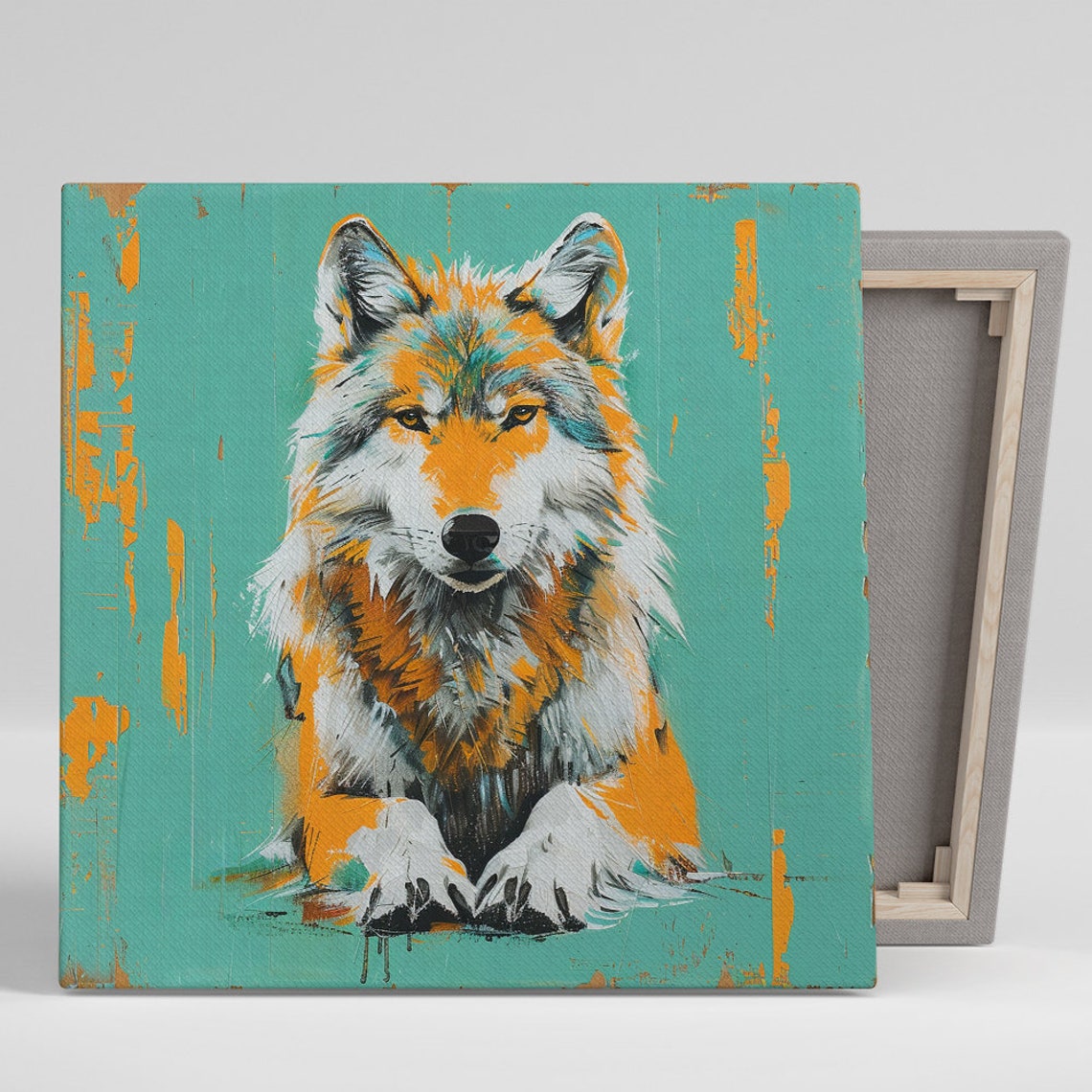 Orange Grey Wolf On Teal Rustic Spirit Wildlife Portrait Poster